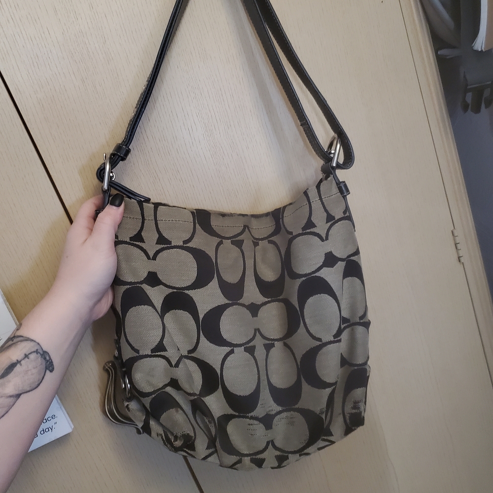 Coach Black and Tan Shoulder Bag with Signature Design